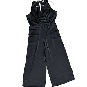 NWT Loft  Satin Halter Wrap Jumpsuit black keyhole back sash belt women's 12